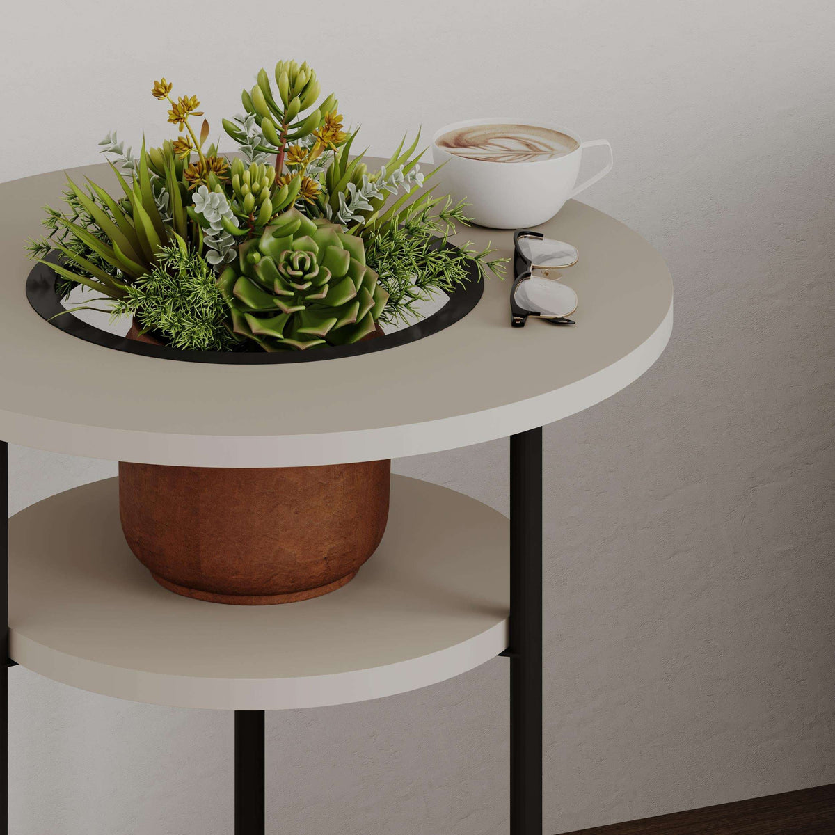 Round side table with lower shelf, light stone finish top and dark metal side frame.