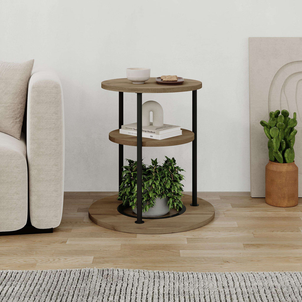 Round side table with two-tier shelf, light wood top and base shelf, black frame