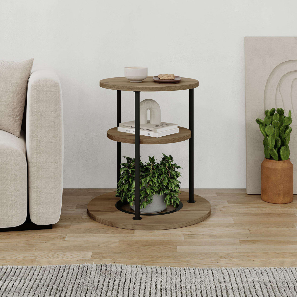 Round side table with two-tier shelf, light wood top and base shelf, black frame