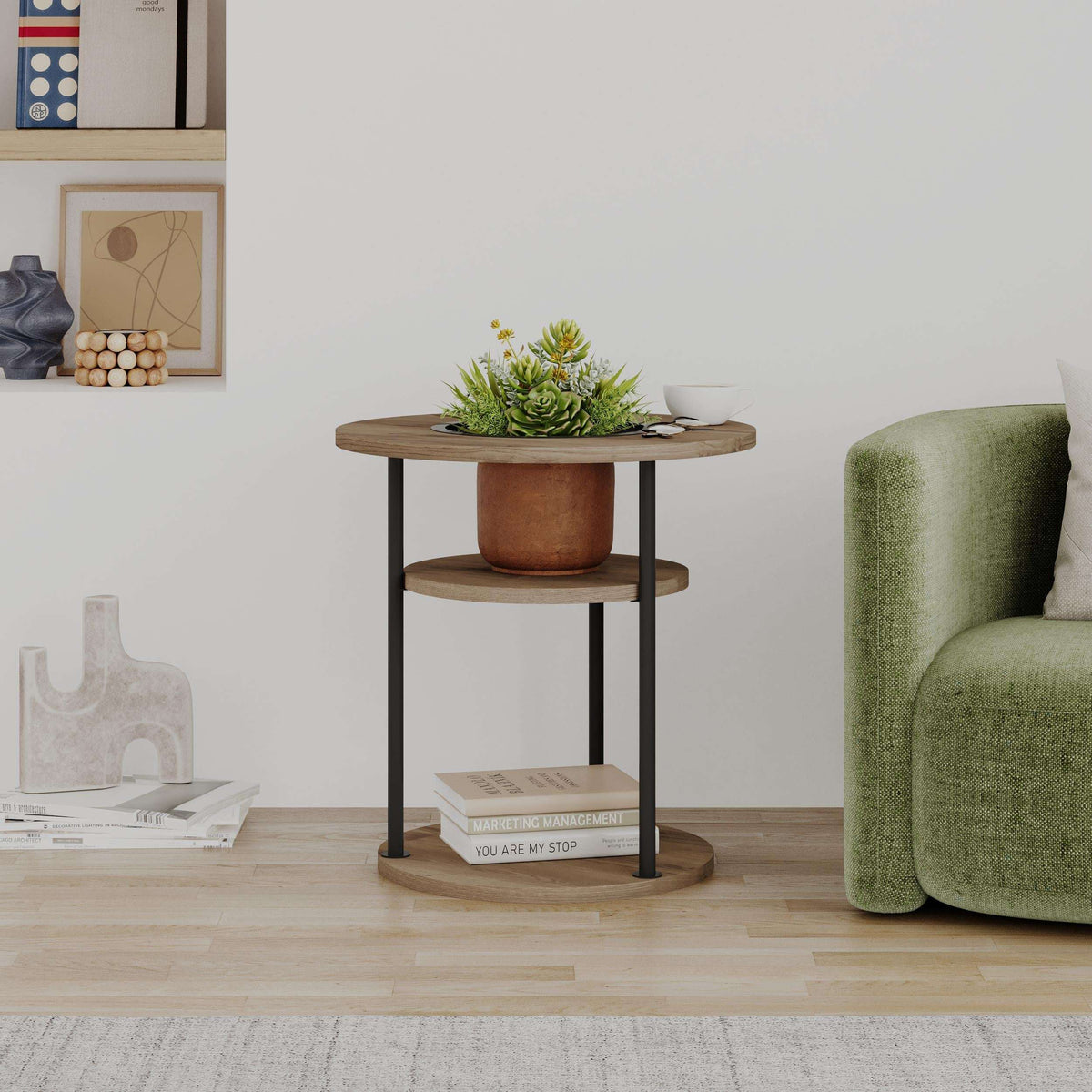 Round side table with two-tier shelf and black metal legs, light wood finish