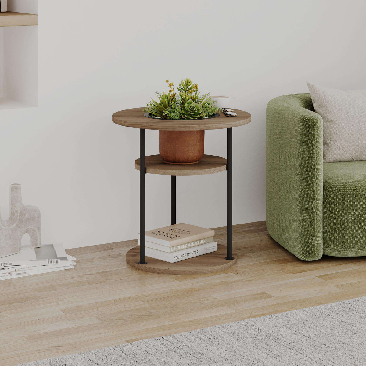 Round side table with two-tier shelf, light wood top and shelf, black legs