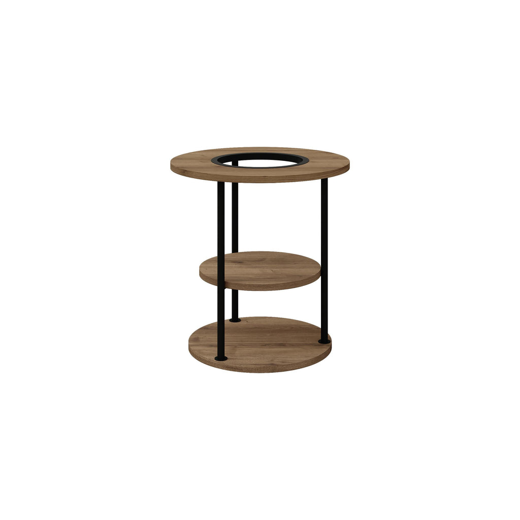 Round side table with two-tier shelf, dark wood top and shelves, black metal legs