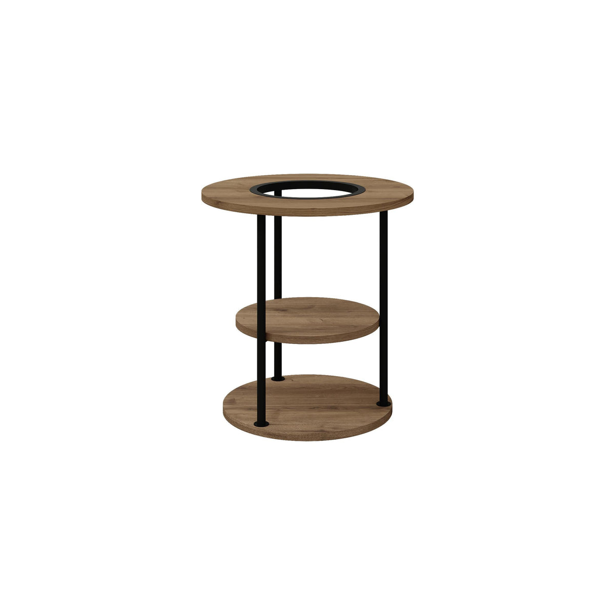 Round side table with two-tier shelf, dark wood top and shelves, black metal legs