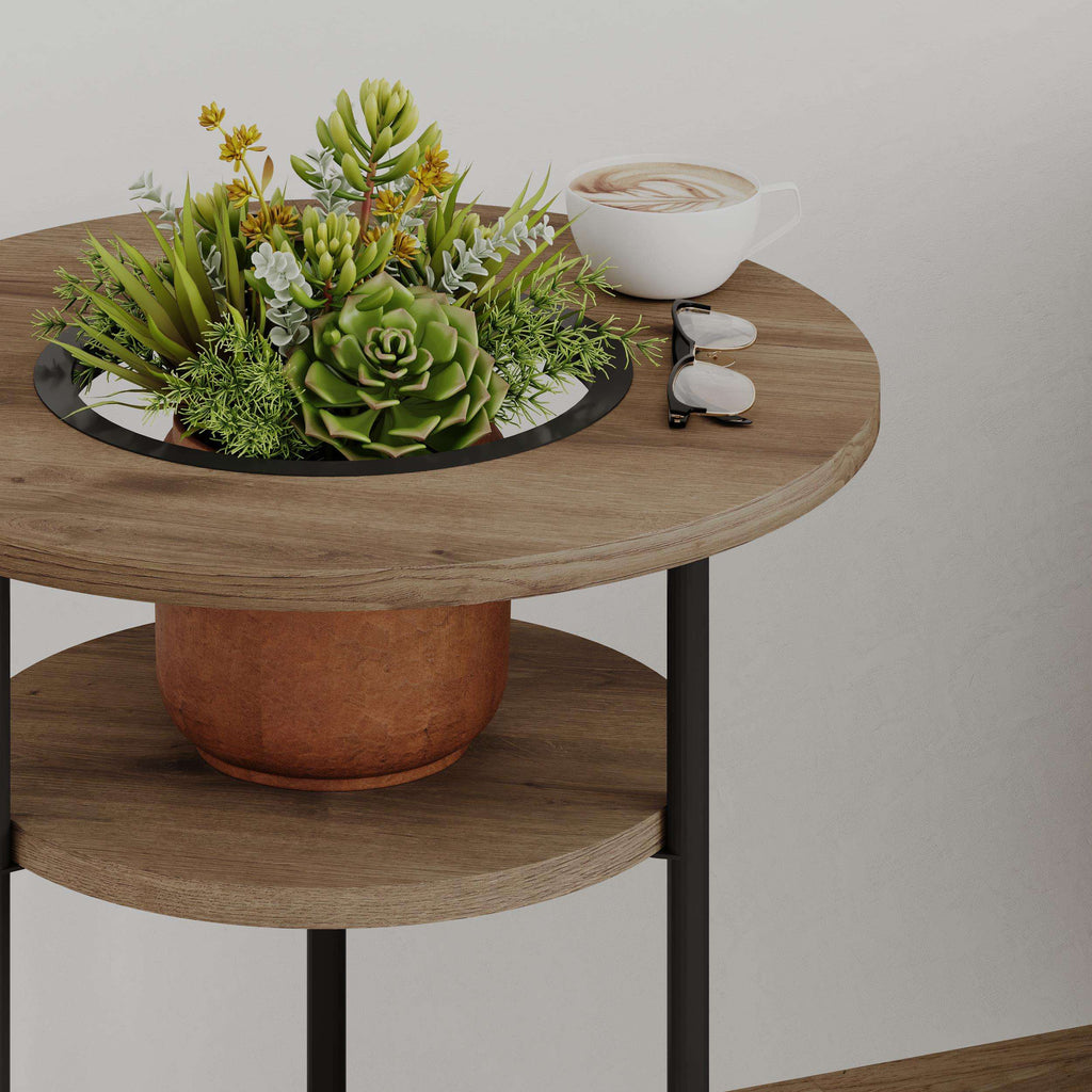 Round side table close view: light wood top and shelf with black metal supports