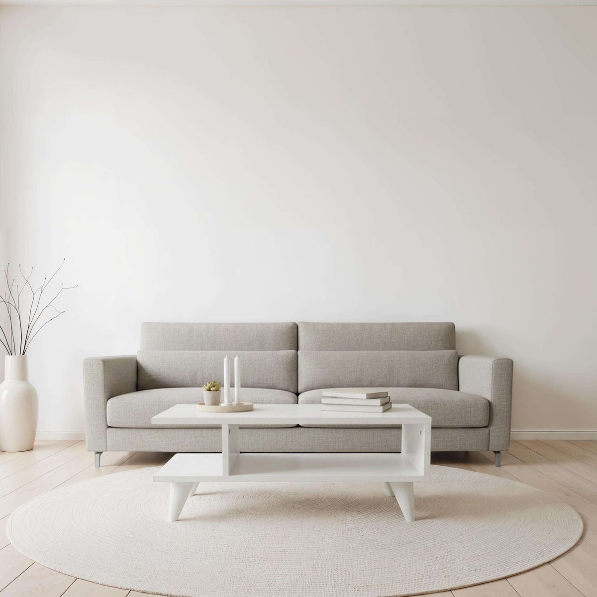 White modern coffee table with open storage shelf and lower compartment