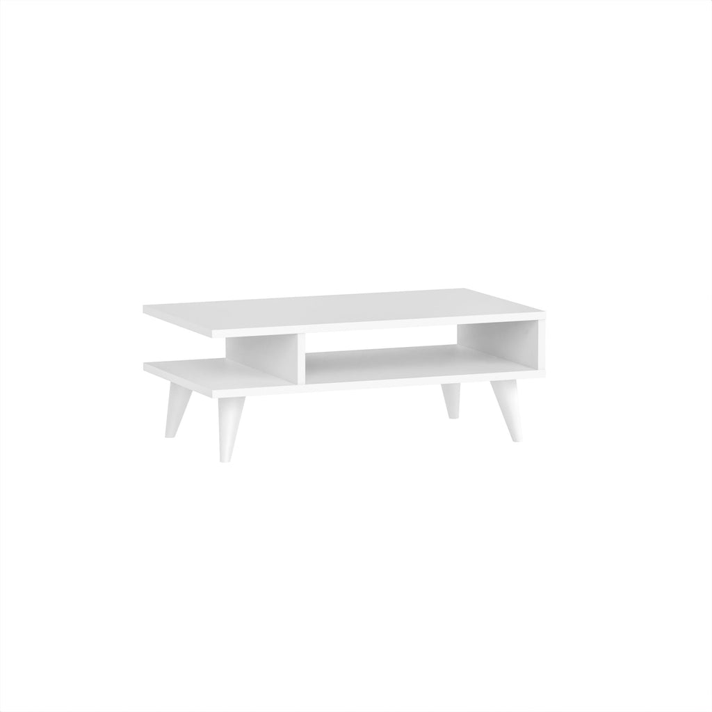 White modern coffee table with open shelving and flat top