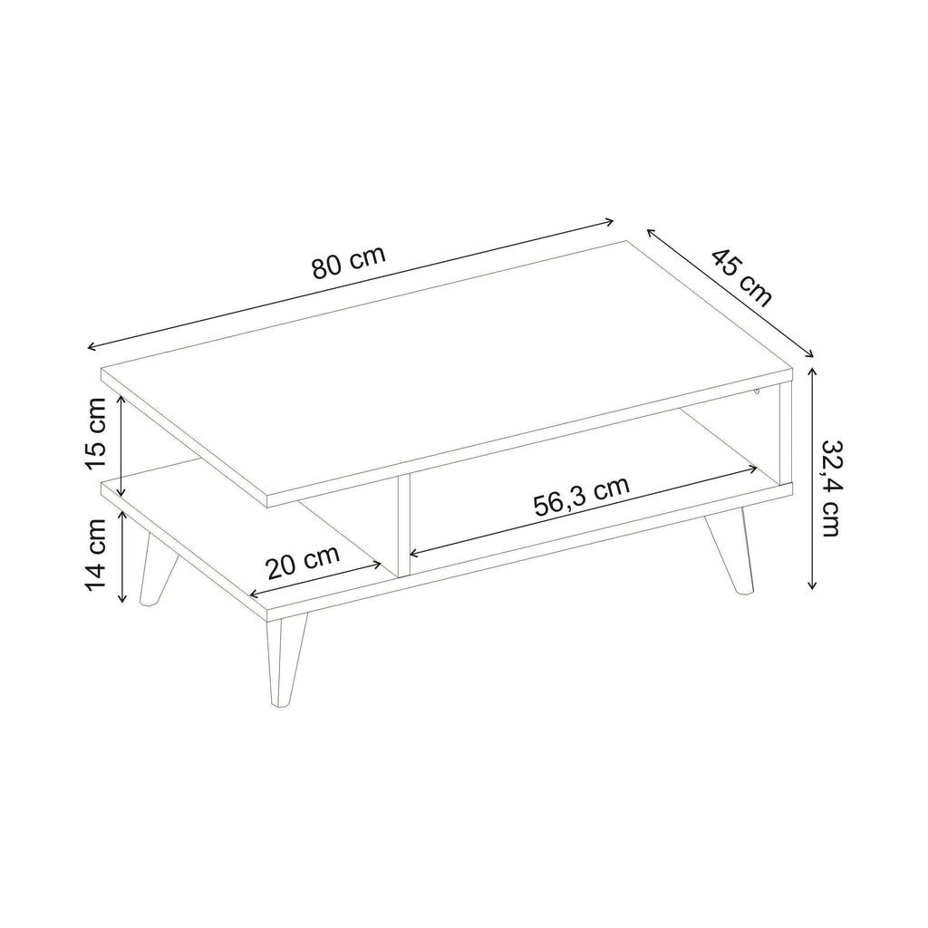 White coffee table, 80x45 cm top, open storage shelf underneath