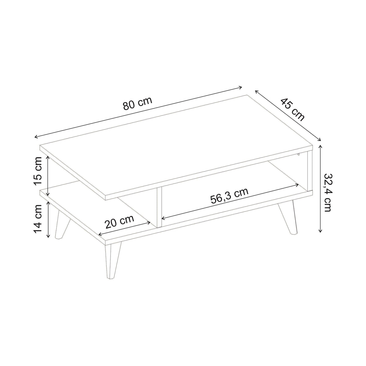 White coffee table, 80x45 cm top, open storage shelf underneath