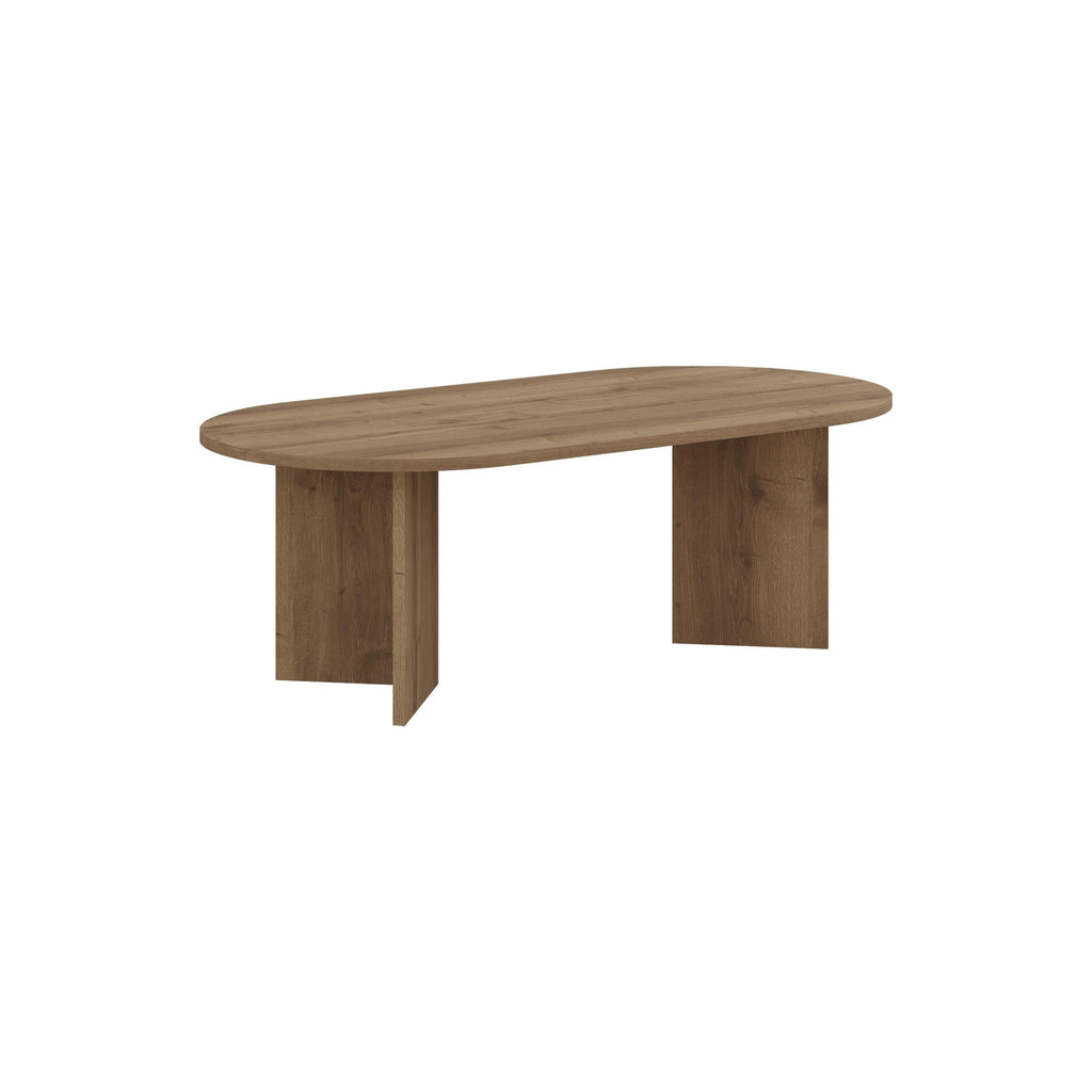 Walnut-tone oval coffee table with two-part legs and smooth rounded top