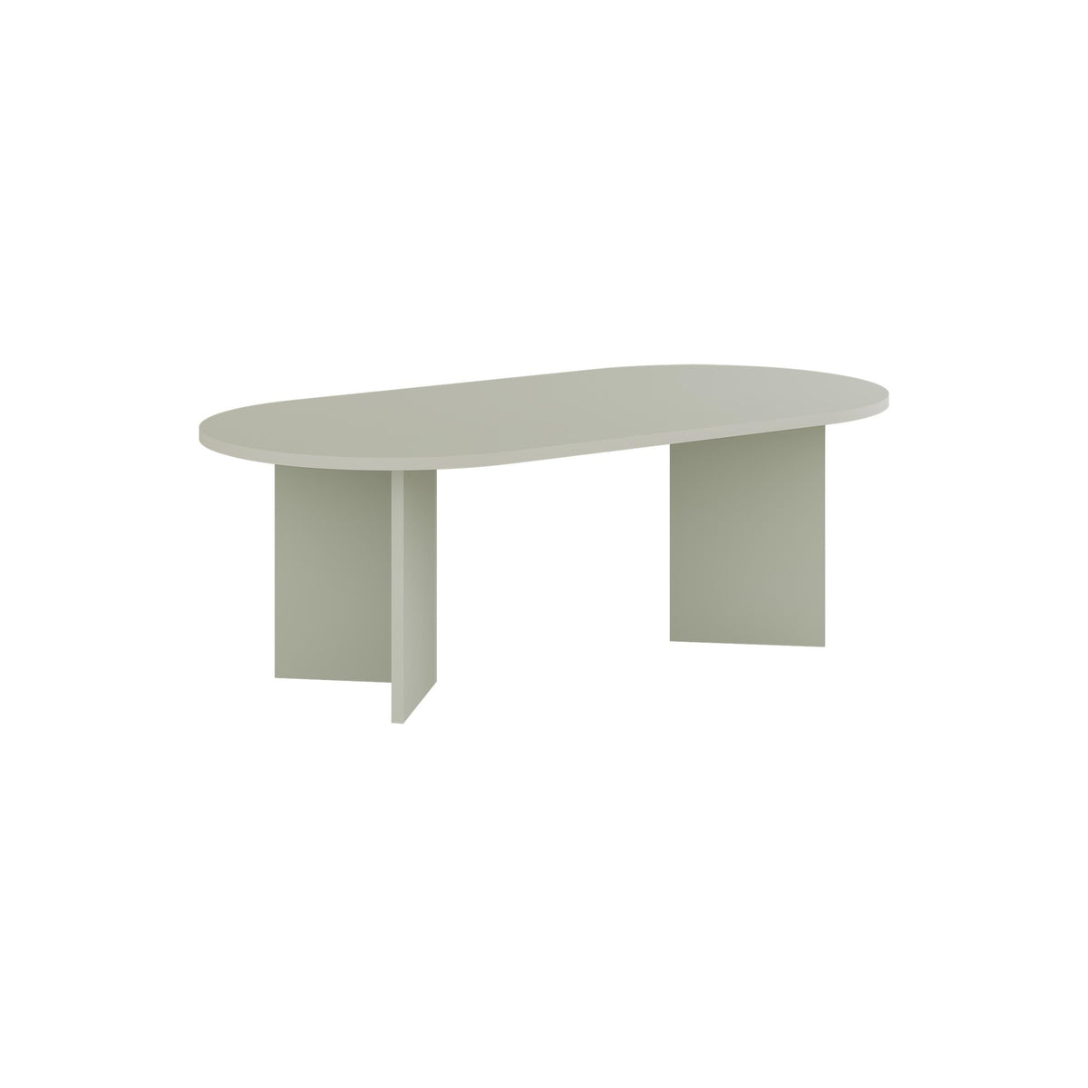 Oval coffee table in light green with smooth rounded tabletop and straight legs