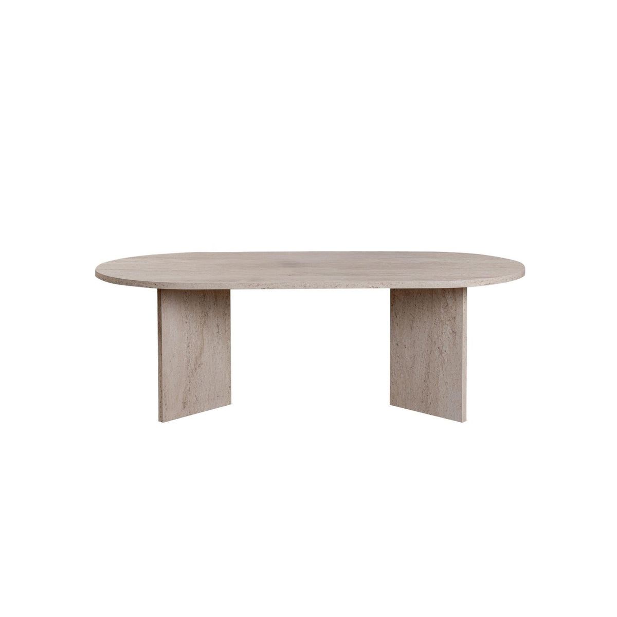 Oval stone coffee table with flat base and smooth light stone tabletop