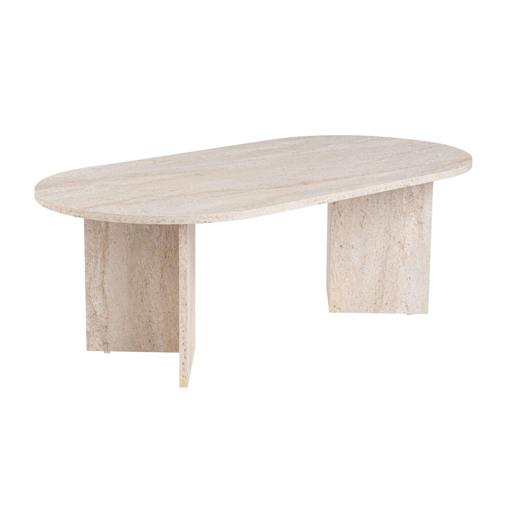 Oval coffee table with speckled travertine top and thick pedestal support
