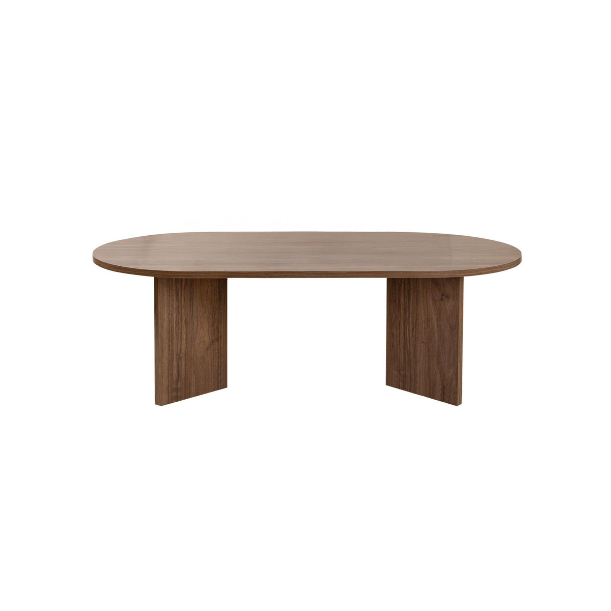 Oval walnut coffee table with smooth round top and two support panels