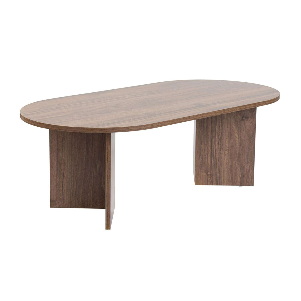 Wood oval coffee table with thick legs and smooth rounded tabletop