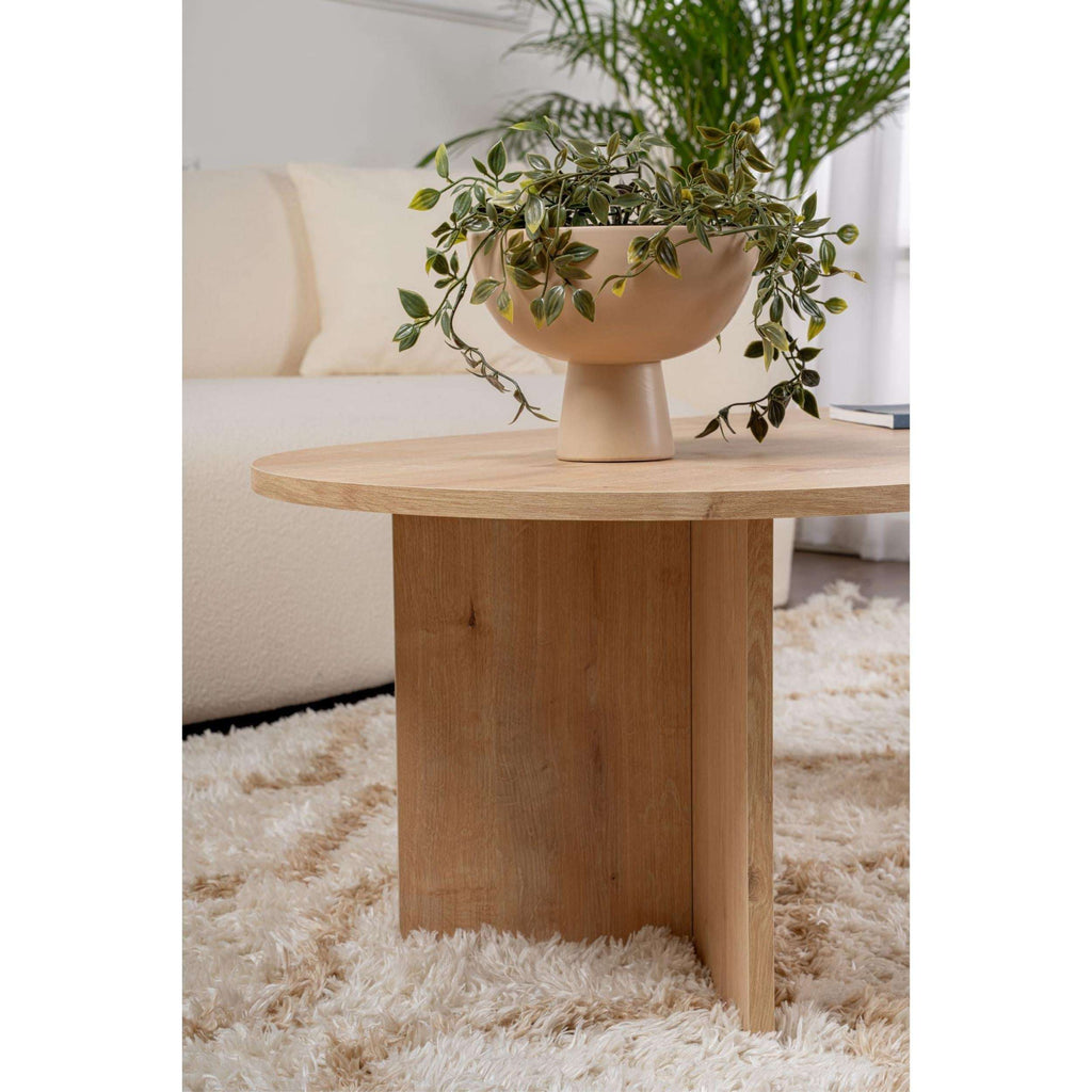 Sable oval coffee table 119 x 60 cm in light oak, rounded side view