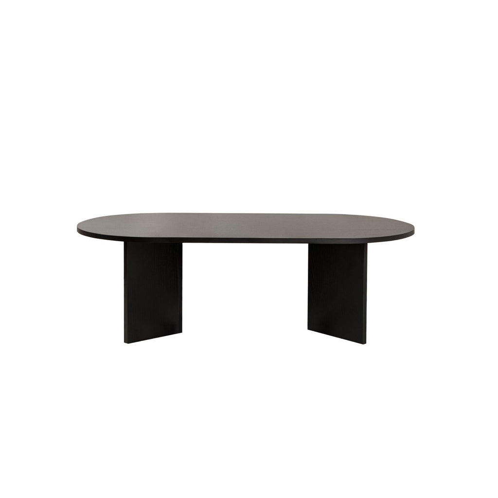 Black oval coffee table with smooth top and two angled side panels