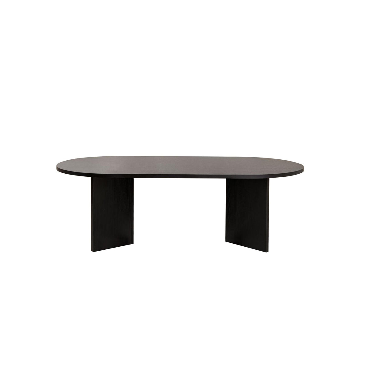 Black oval coffee table with smooth top and two angled side panels