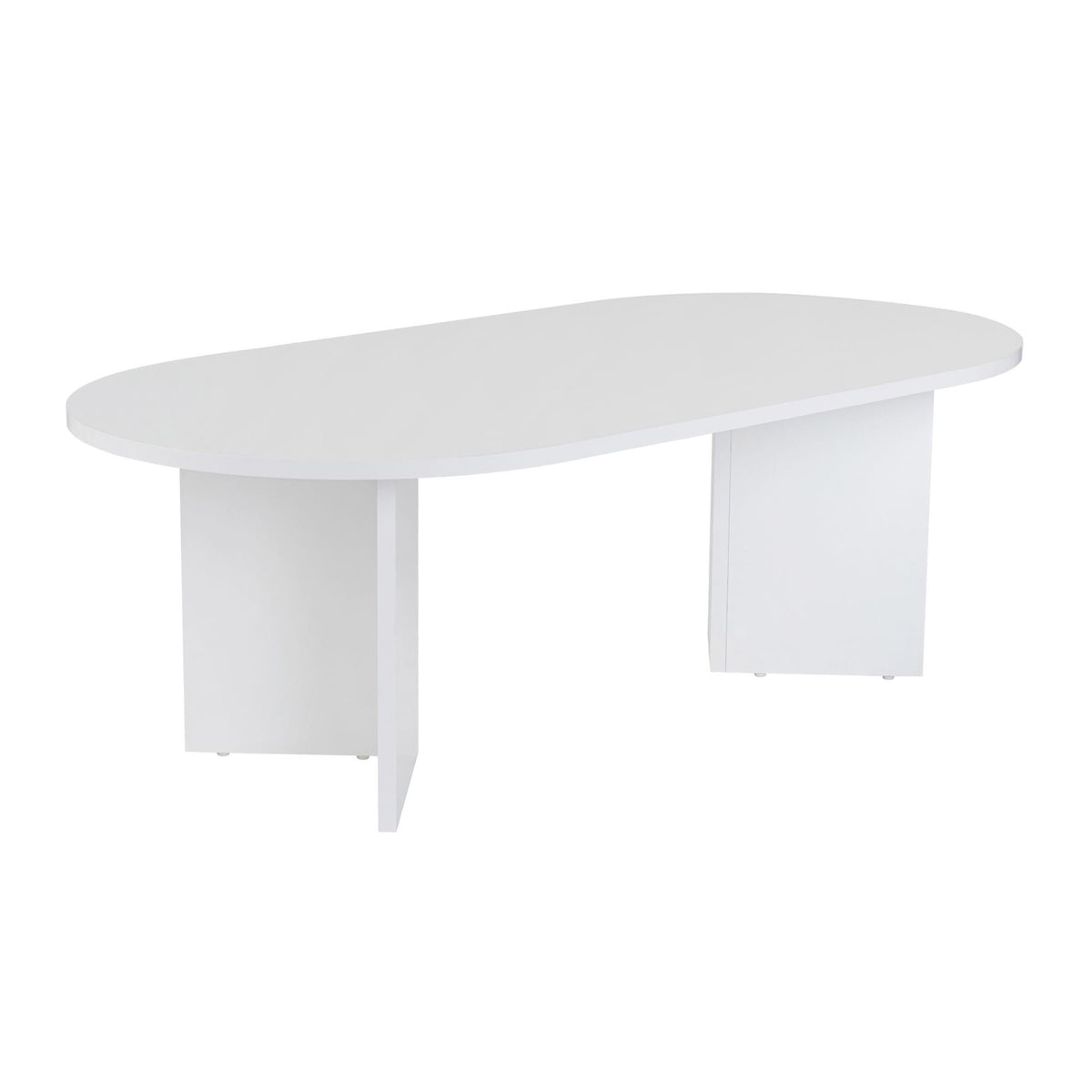 White oval coffee table studio view with smooth tabletop and angled supports.