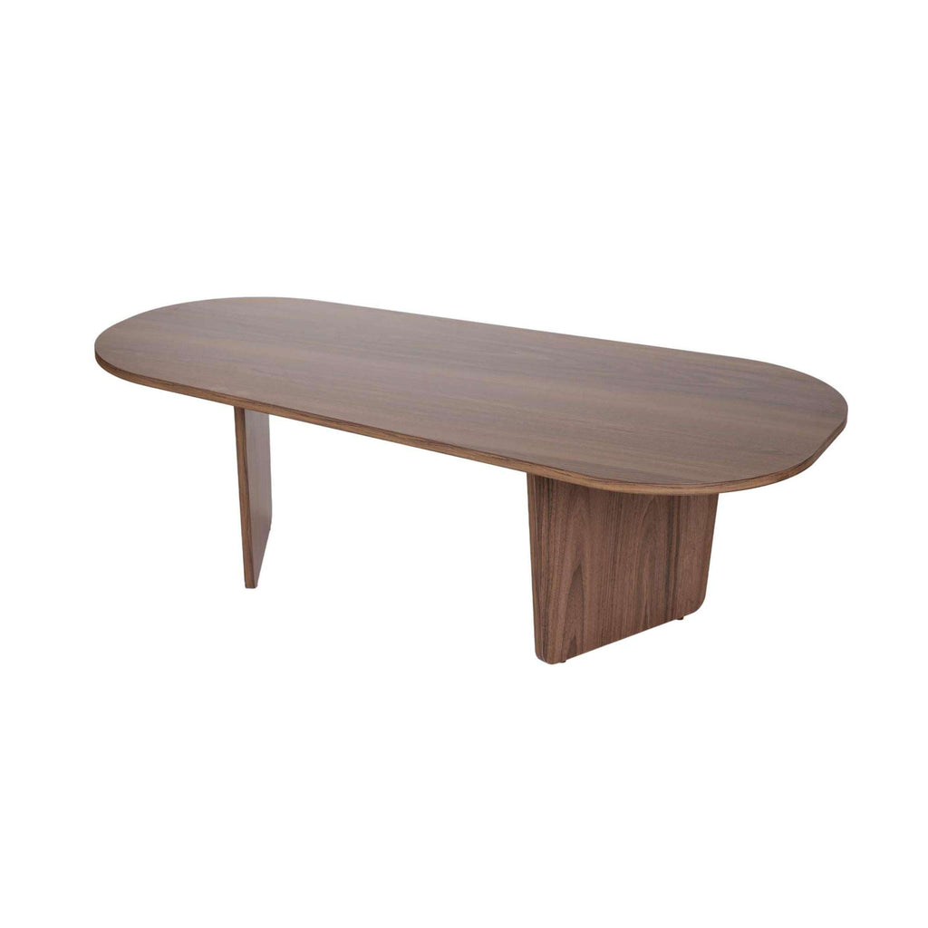 Modern oval coffee table with smooth medium-brown wood top and angled legs