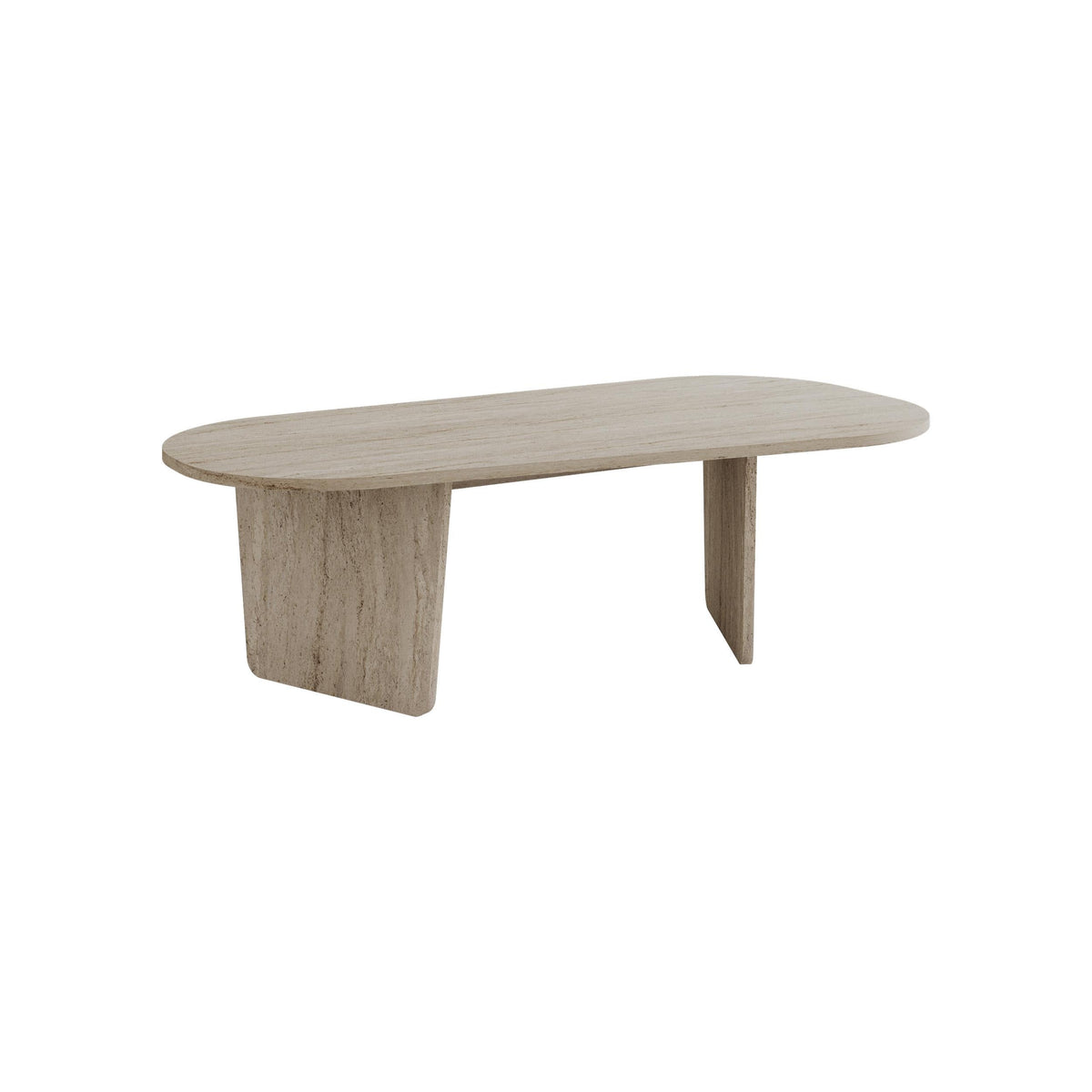 Beige oval coffee table with rounded corners and two supporting pedestal legs