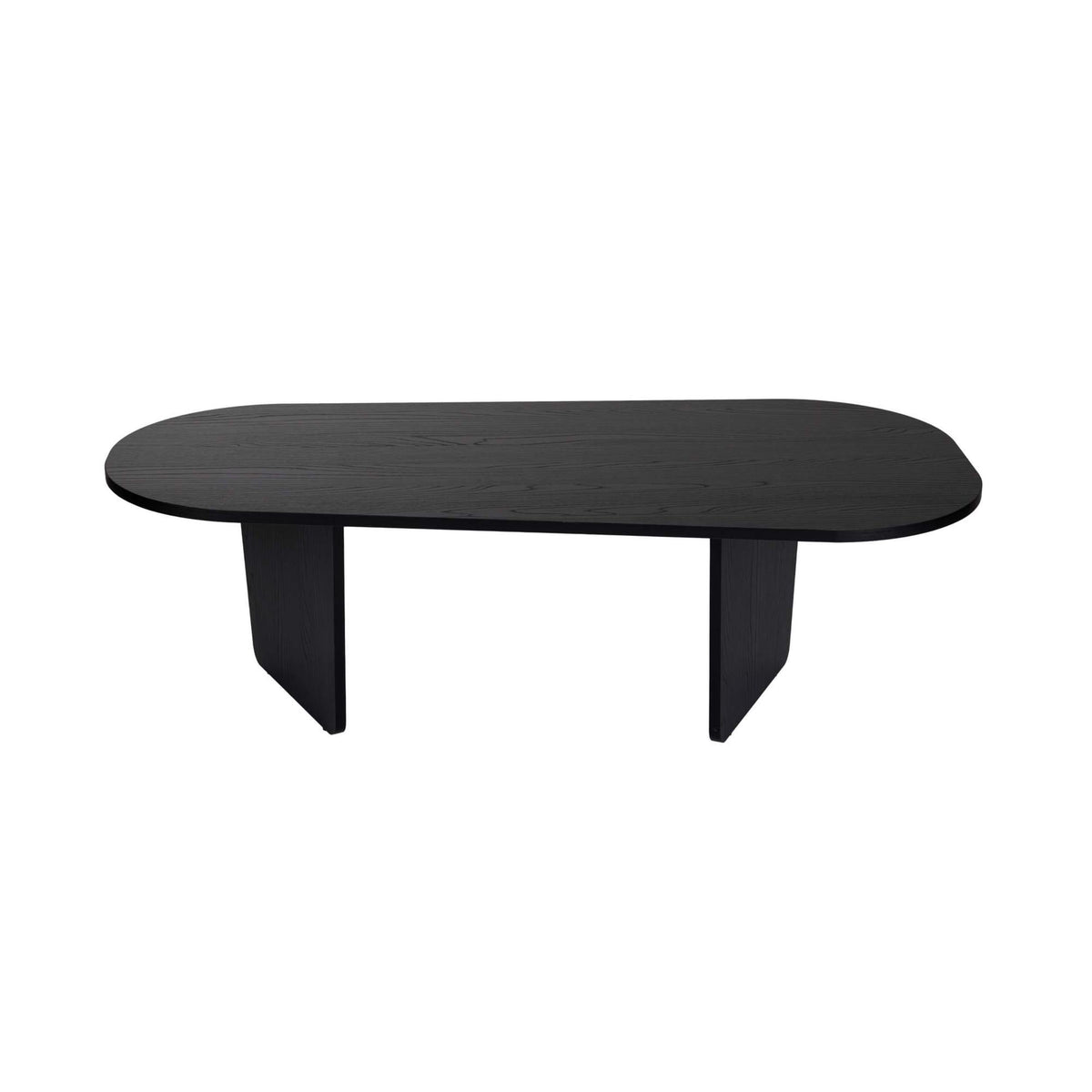 Dark oval coffee table with rounded edges and four tapered legs