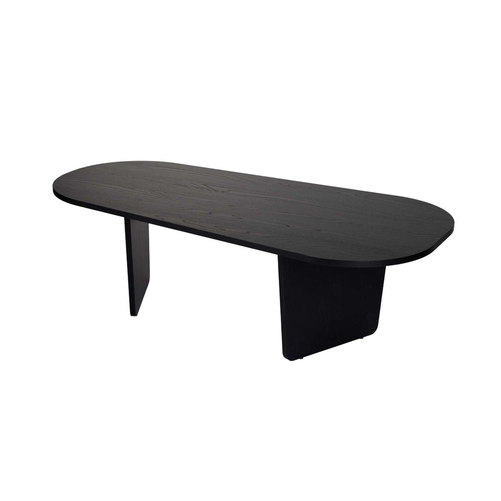 Dark wood oval coffee table with rounded tabletop and tapered end legs