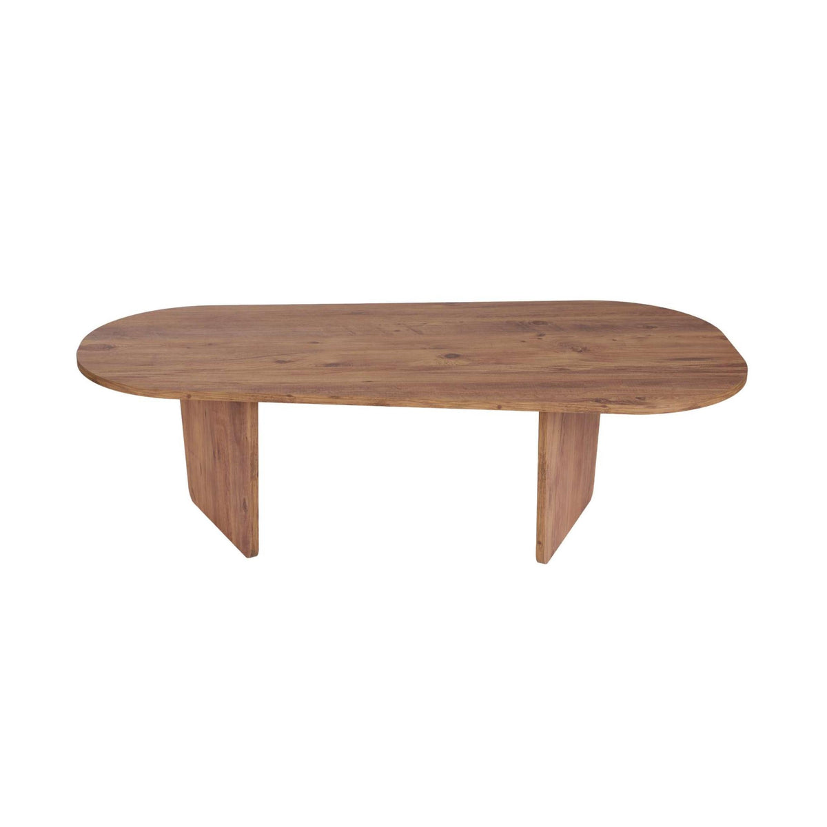 Natural wood oval coffee table with smooth rounded top and tapered supports