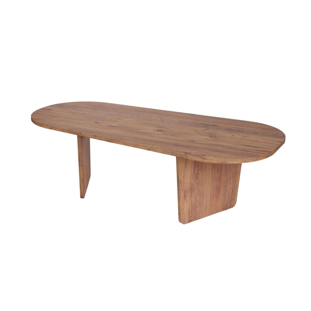 Light wood oval coffee table with rounded edges and tapered pedestal legs