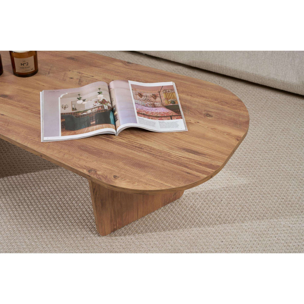 Natural wood oval coffee table with rounded edges and slanted end supports