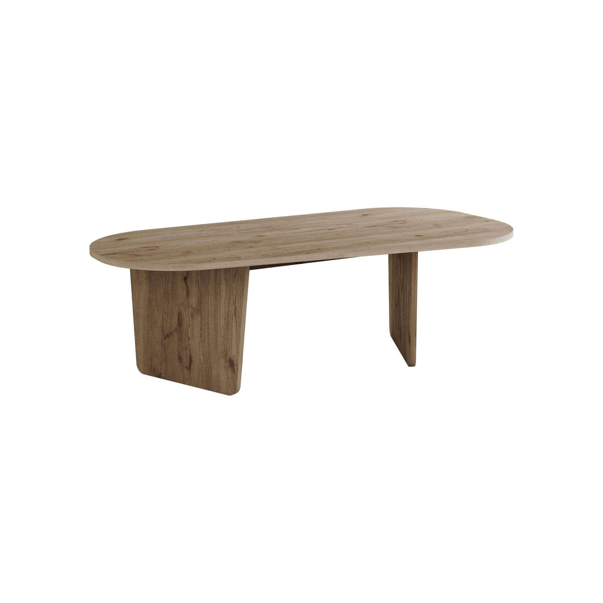 Dark wood oval coffee table with rounded top and two pedestal supports
