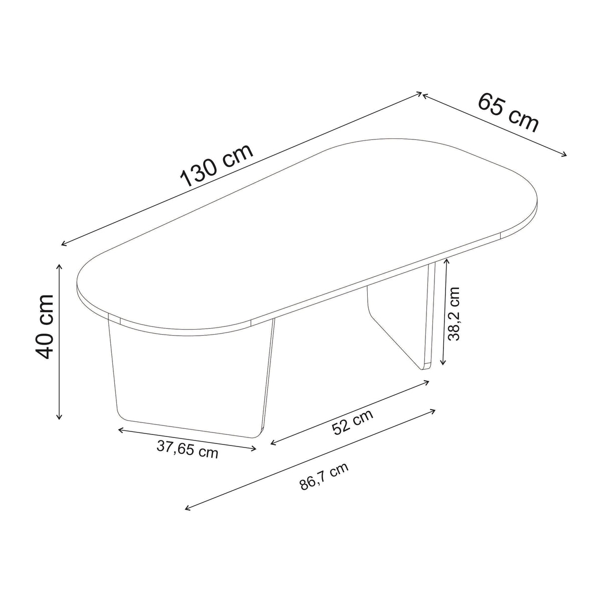 Oval coffee table dimensions diagram: 130 x 65 x 40 cm (LxWxH)