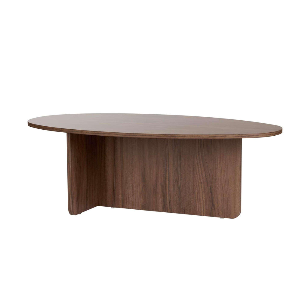 Oval coffee table in dark walnut wood with smooth edges and sturdy side panels.