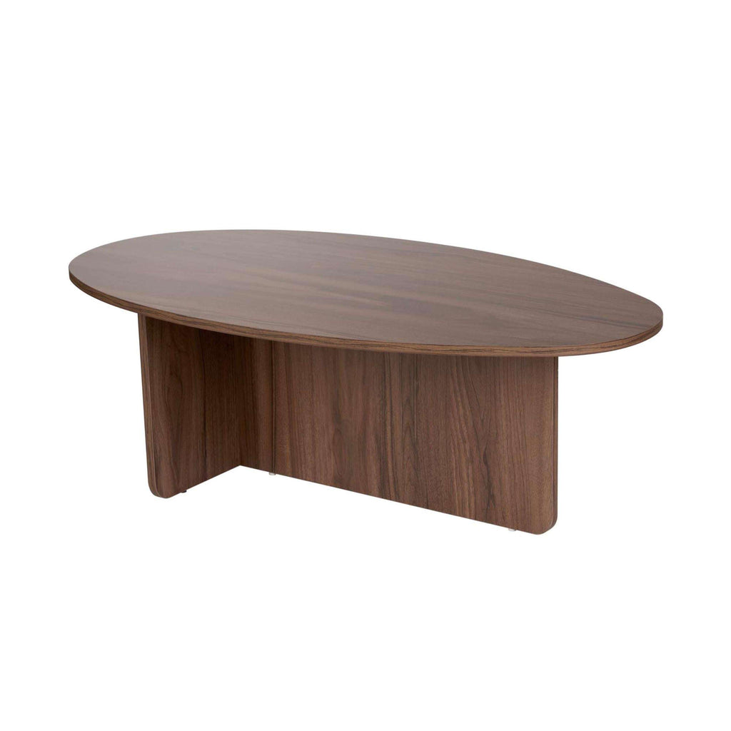 Walnut oval coffee table with smooth oval top and low curved legs