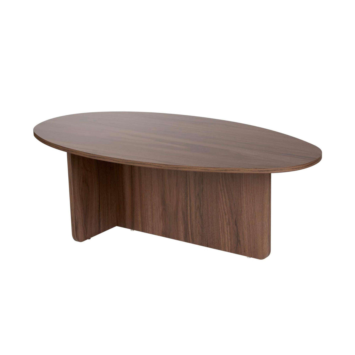 Walnut oval coffee table with smooth oval top and low curved legs