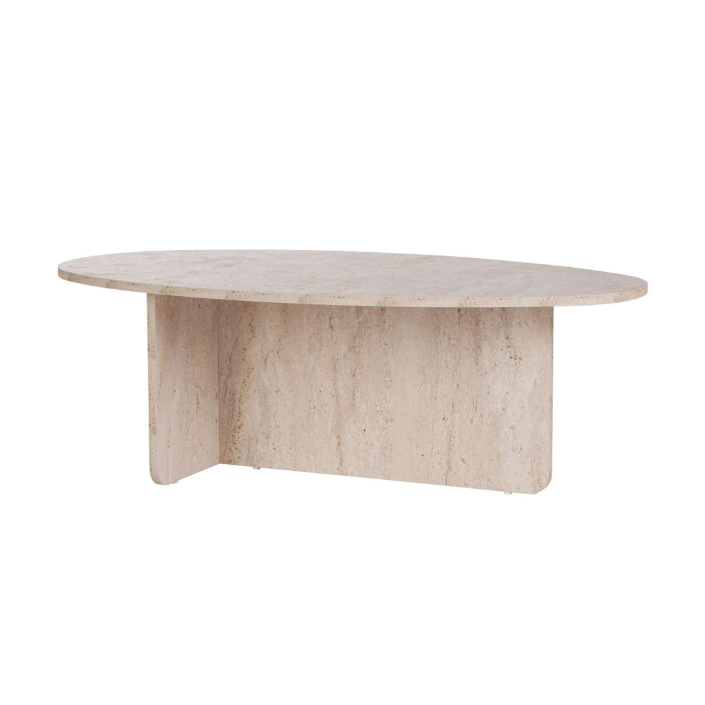 Oval coffee table with light travertine-style stone top and matching straight legs.