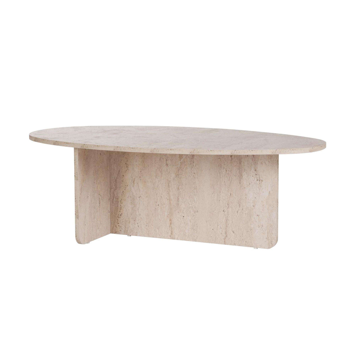 Oval coffee table with light travertine-style stone top and matching straight legs.