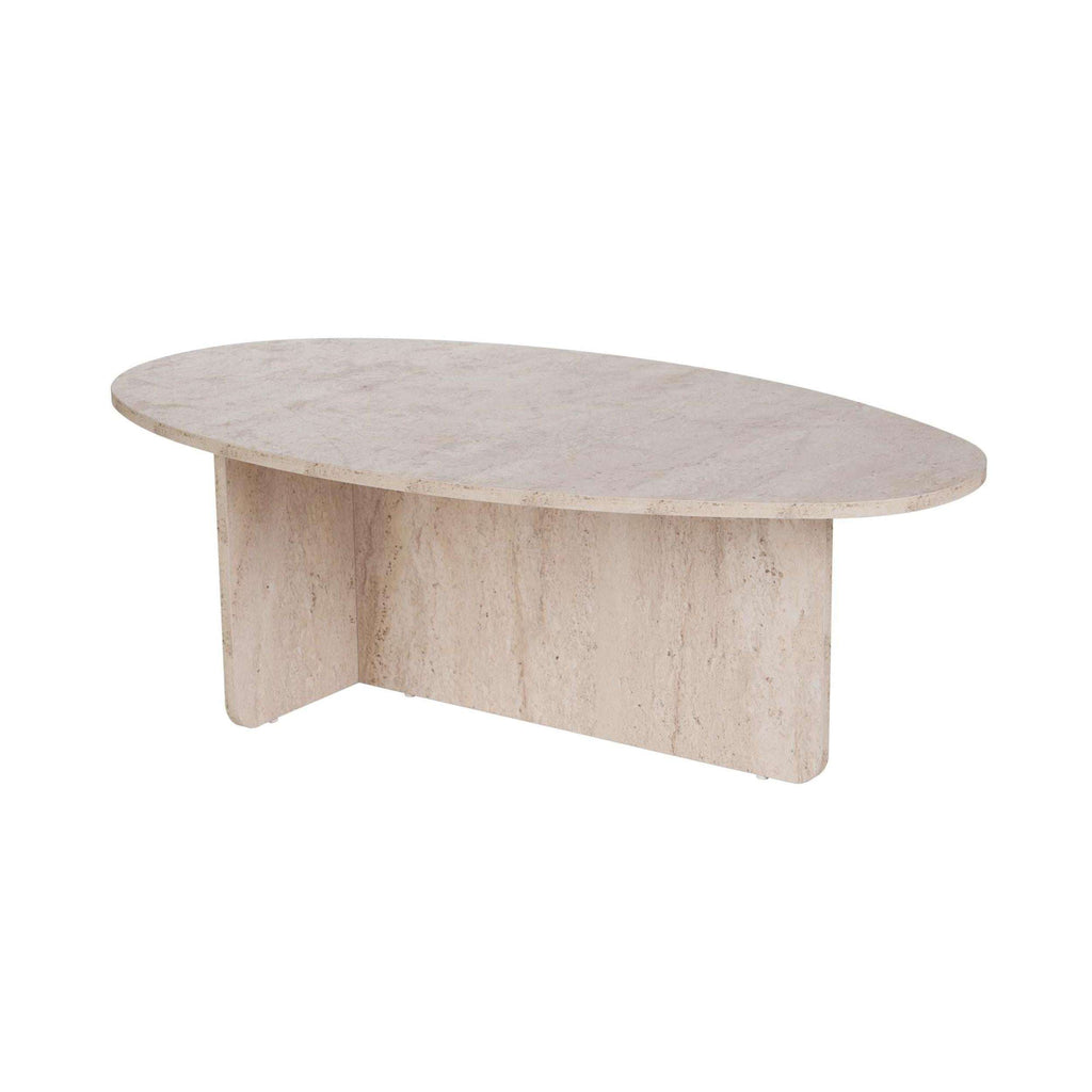 Travertine oval coffee table with light stone finish and rounded legs
