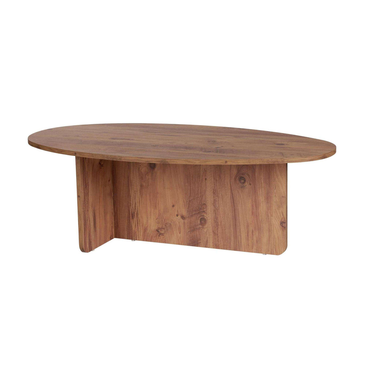 Oval coffee table in light pine wood with visible grain and rounded corners.
