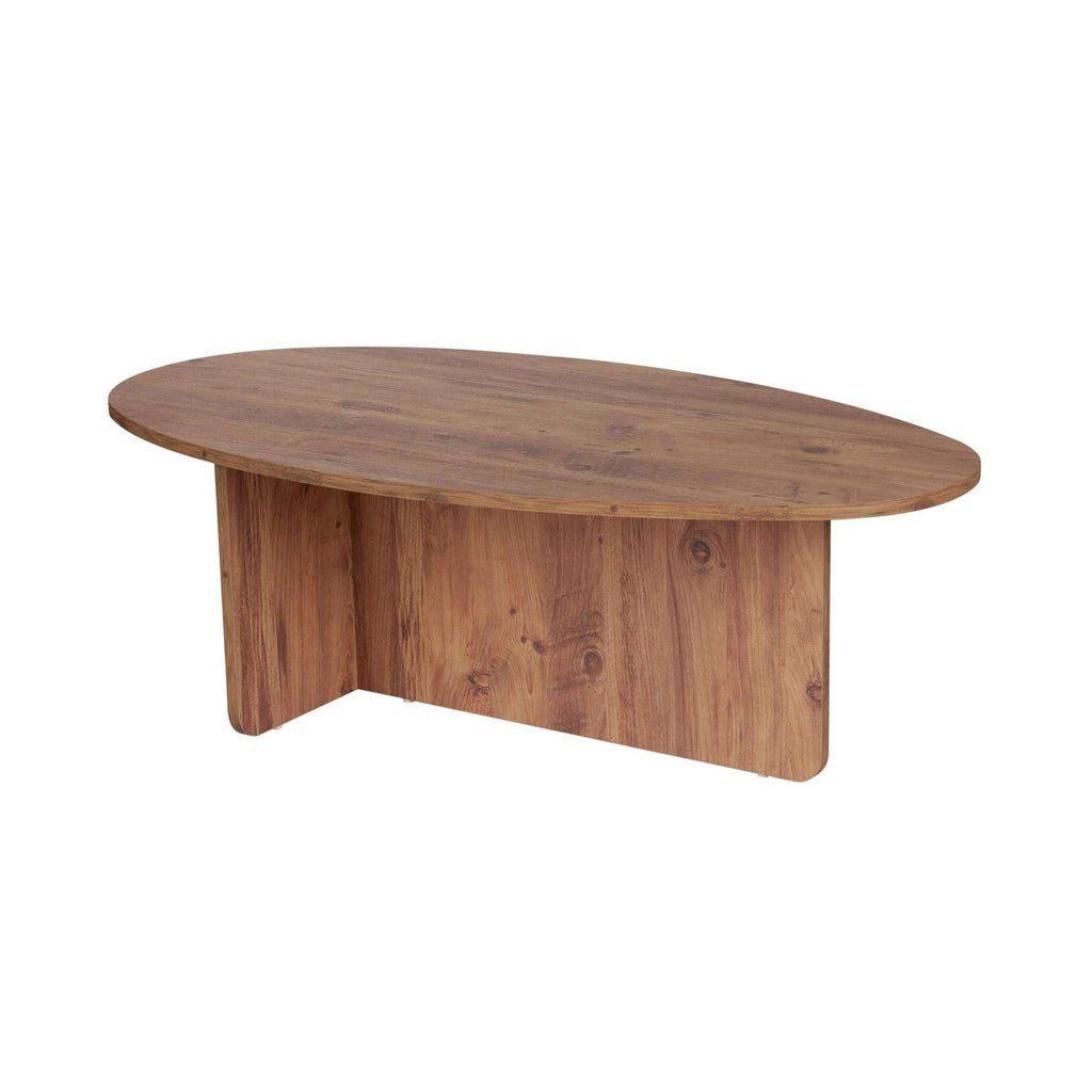 Atlantic Pine oval coffee table with warm wood grain and curved legs