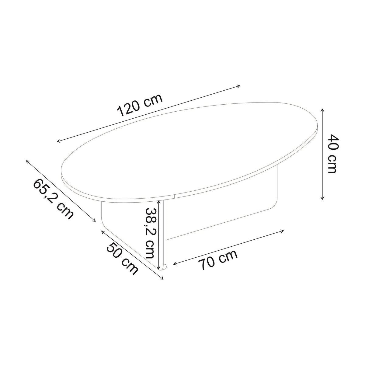 Oval coffee table dimensions shown: 120 x 70 x 40 cm