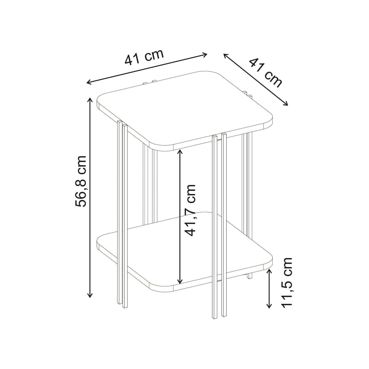 2-tier side table size diagram, showing 41 cm by 41 cm top and 56.8 cm height.