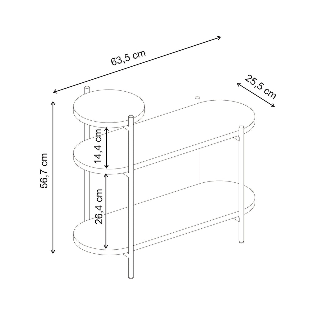 3-tier display side table technical sketch, three round shelves and slender legs