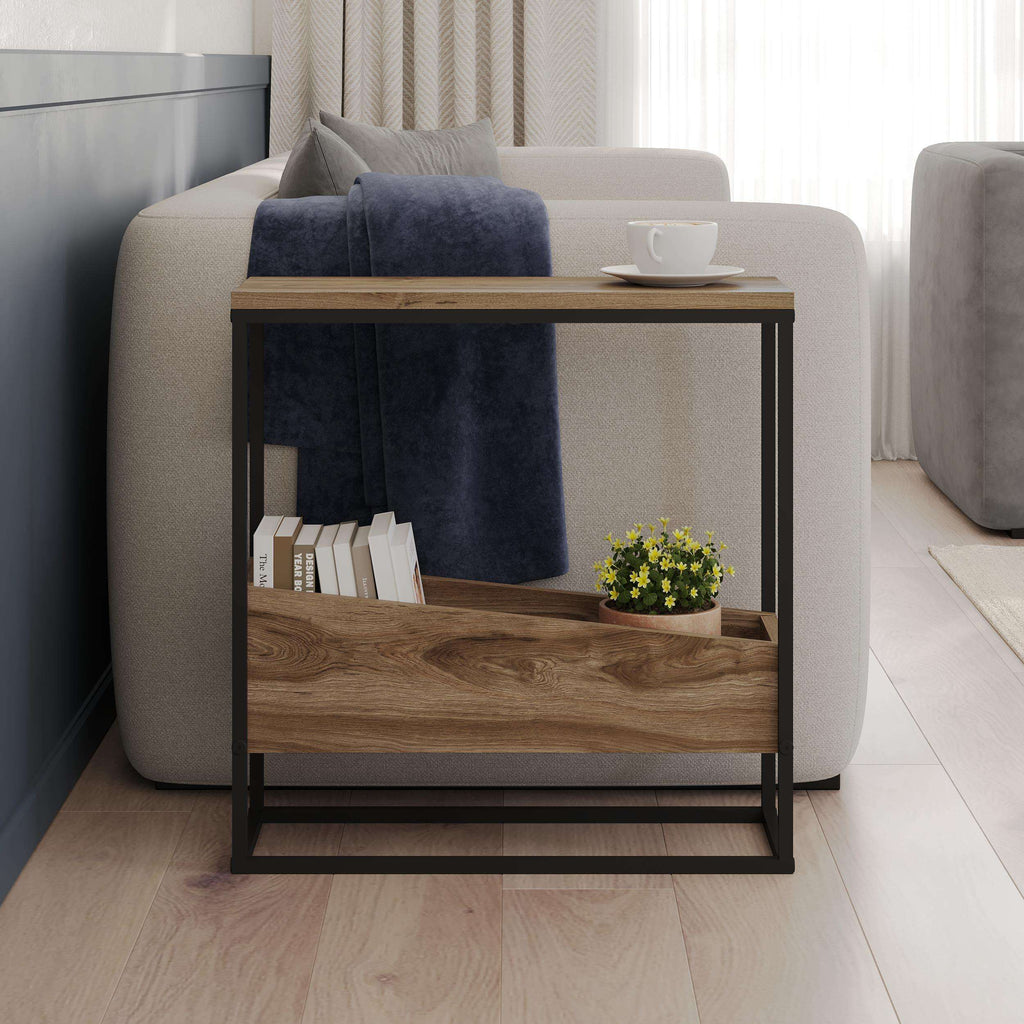 Slim side table with oak tabletop and bottom shelf, black metal frame, open front