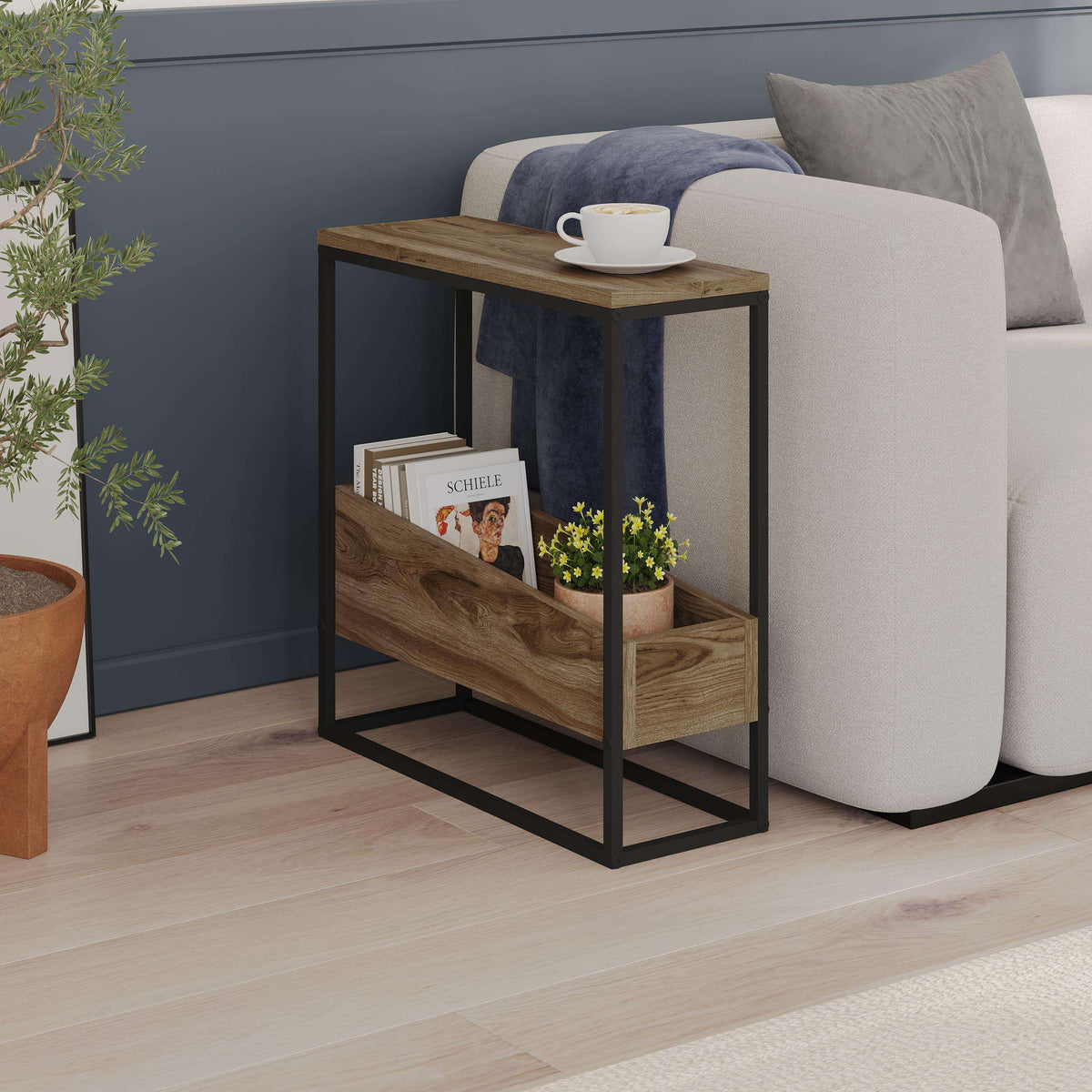 Slim side table with dark wood top, black metal frame, and open lower shelf.