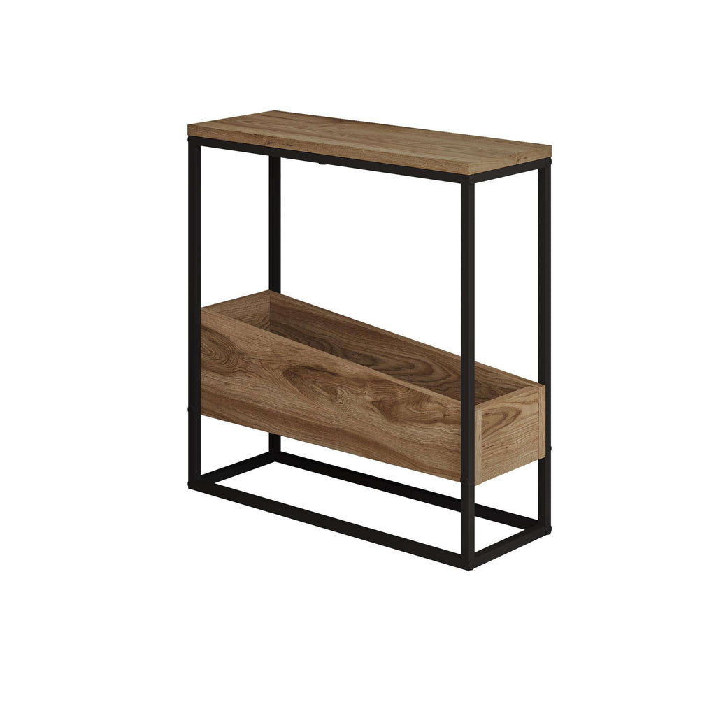 Slim side table with dark walnut-look shelves and black metal frame.