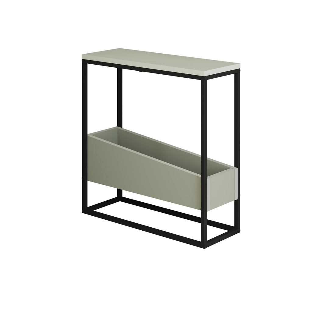 Slim side table with ash green drawer panel and light top, black metal frame
