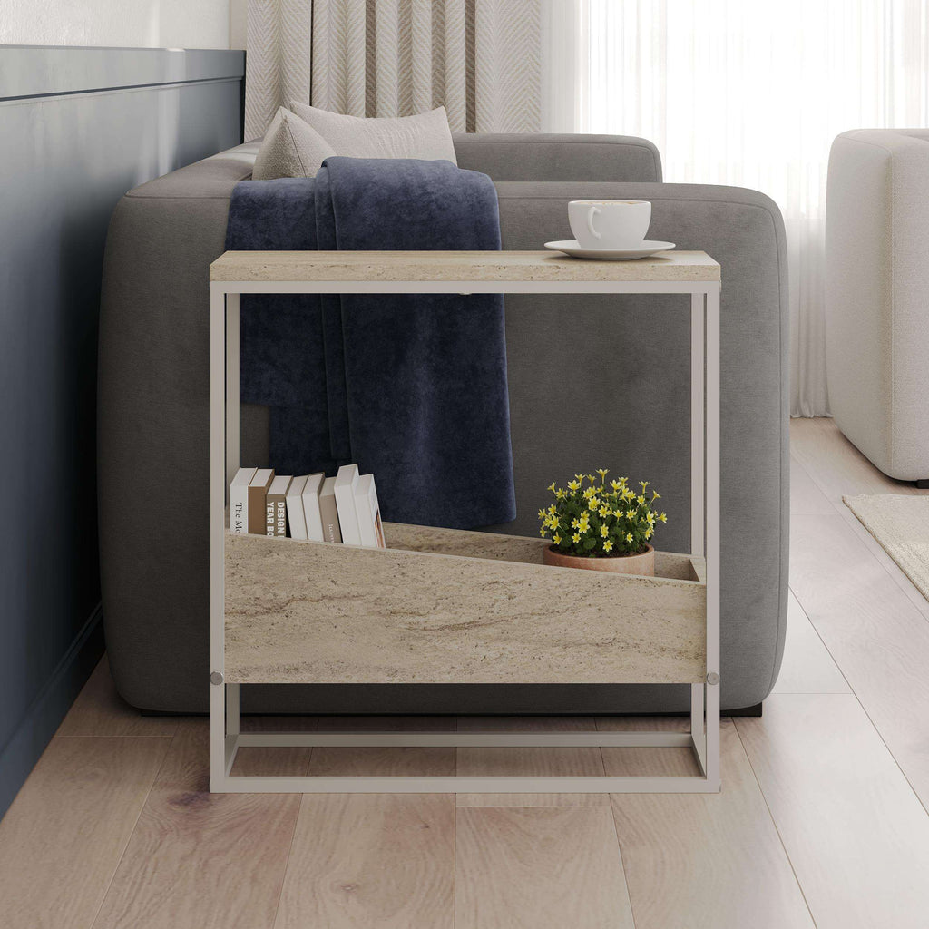 Slim side table with travertine-style top and bottom shelf, light frame, open design