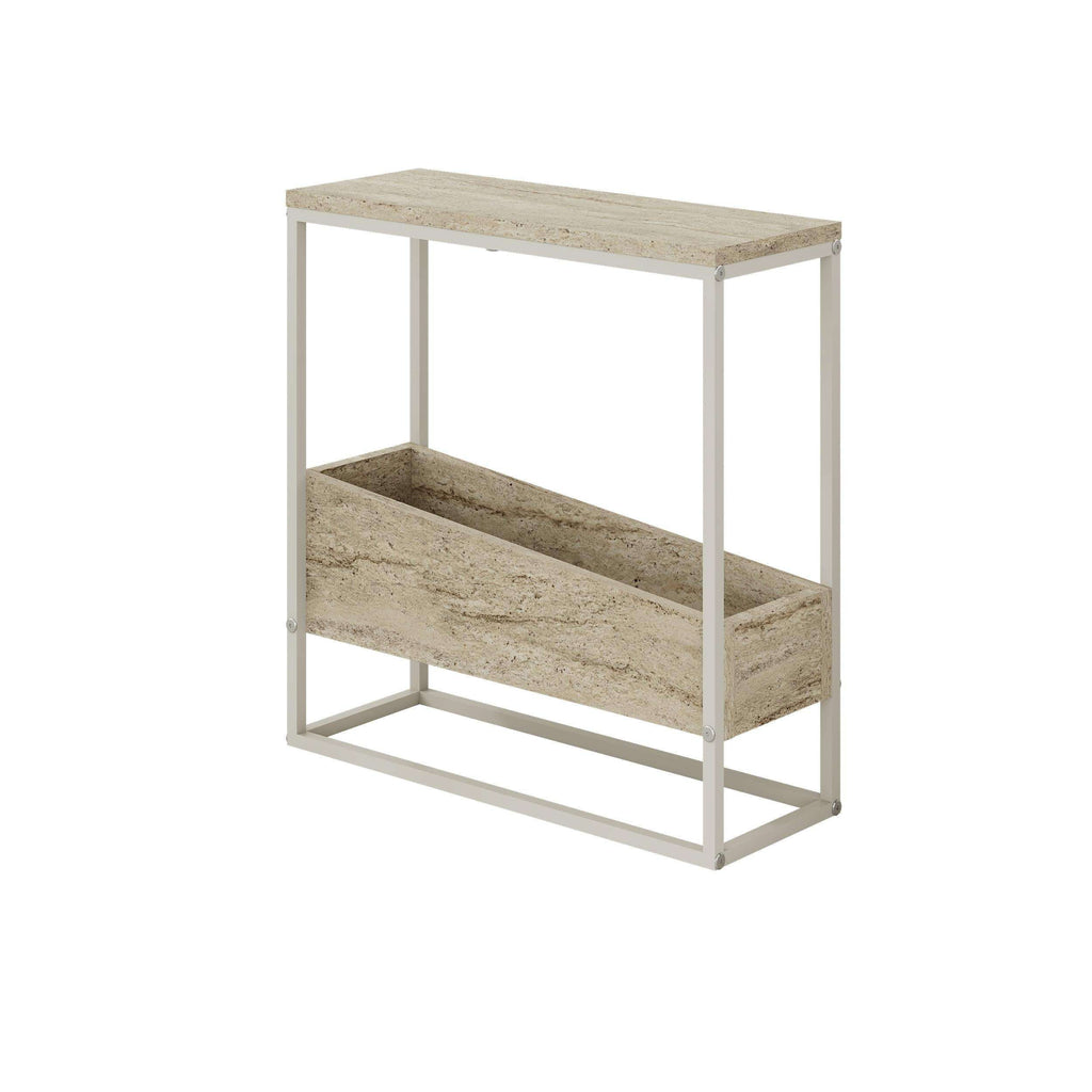 Slim side table with travertine-style top and shelves, light frame, open sides