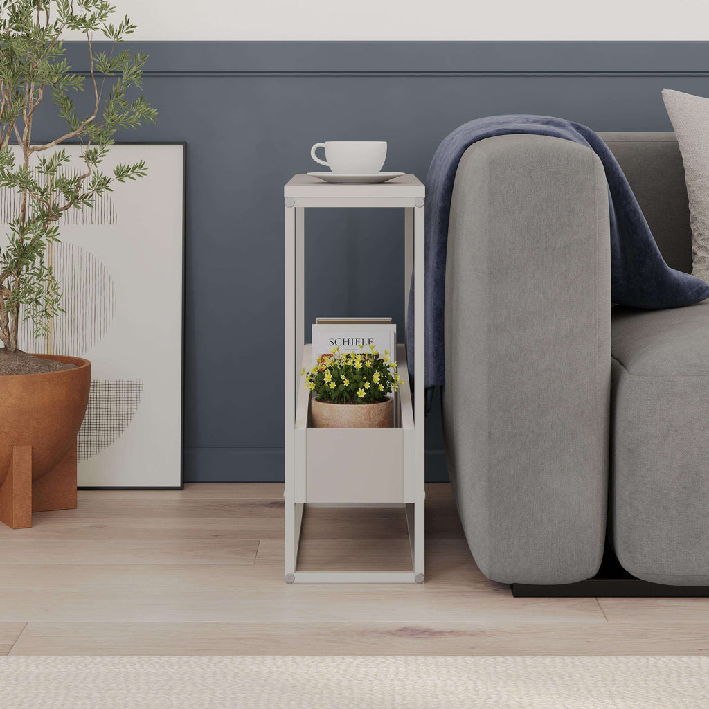 Slim side table with white frame and open lower shelf, light wood top.