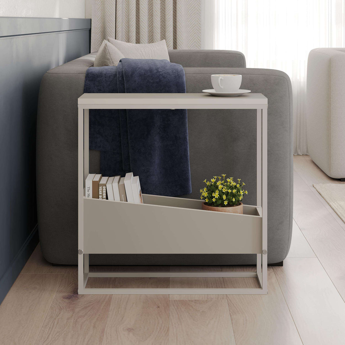 Slim side table with white frame, open shelf storage, and light wood top.